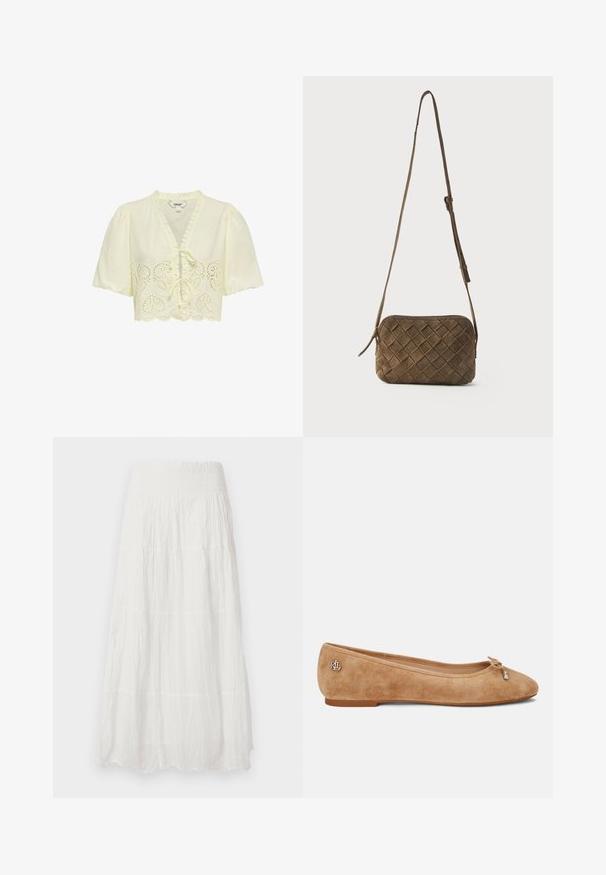 Blouse crème à manches courtes avec col en V à volants, fermetures à nouer à l’avant et broderie ajourée en forme de cœur le long de l’ourlet.; Jupe longue blanche avec tissu froissé en étages et taille élastiquée smockée, fluide et légère.; Ballet en daim beige avec un léger bout pointu, un accent en nœud sur le devant et un petit logo métallique sur le talon. Semelle plate.; Sac bandoulière en daim marron avec un motif losange tissé et une longue sangle réglable sur un fond uni.