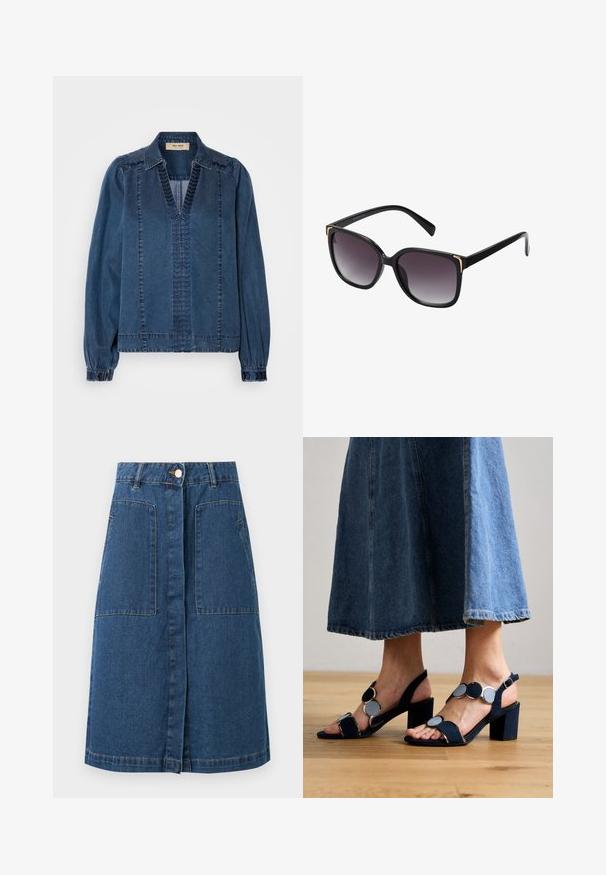 Donkerblauwe spijkerjack, met een V-hals, gathered mouwen en geborduurde details. Ontworpen met een relaxed fit en gestructureerde schouders.; Donkerblauwe denim knielange rok met knoopsluiting aan de voorkant, riemlussen en twee grote opgestikte voorzakken.; Marco Tozzi Sandalen - navy; Zwarte zonnebril met gradiënt grijze lenzen, oversized vierkante monturen met gouden accentdetails op de hoeken en slanke zwarte pootjes.
