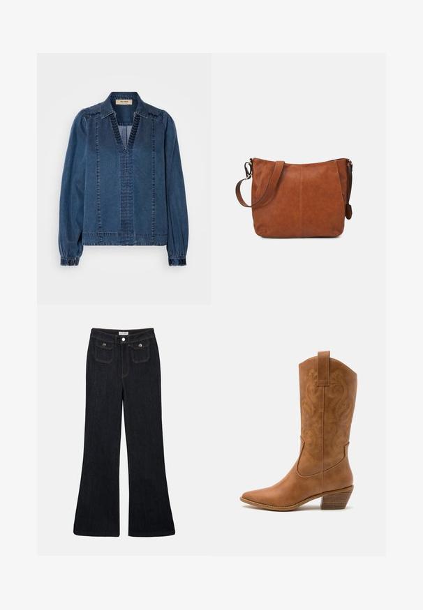 Denimjakke i mørkeblå, med v-hals, sammenfoldede ærmer og teksturerede syninger. Designet med en afslappet pasform og strukturerede skuldre.; Sorte denim jeans med høj talje, flared ben, to frontlommer og orange syninger. Materialet ser solidt og glat ud.; Tan læder cowboystøvle med spids tå, broderede svirvelmønstre på skaftet og en stablet blokhæl. Har en træksløjfe for nem af/på.; Brun læder skuldertaske med en buet form, justerbar rem og minimale syninger, der har et rummeligt interiør.