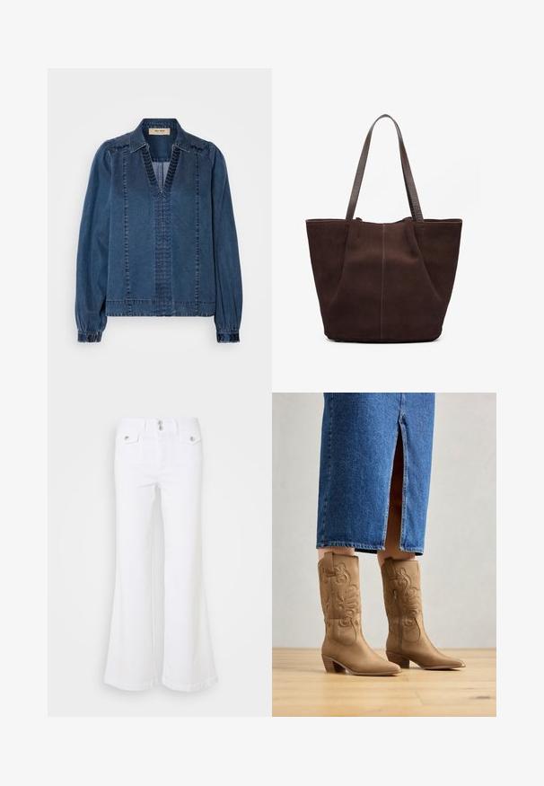 Veste en denim bleu foncé, avec un col en V, des manches froncées et des détails de couture texturés. Conçue avec une coupe décontractée et des épaules structurées.; Jean flare blancs en denim, avec une taille haute, deux poches avant et des boutons en métal argenté sur un fond uni.; Bottes western en cuir marron avec des coutures décoratives, bout pointu et talon empilé. Portées avec une jupe en denim longue jusqu'au genou, mettant en valeur les bottes.; Sac fourre-tout en suédine marron avec deux poignées en cuir texturé. Présente un design simple à ouverture supérieure et des coutures discrètes le long de la couture avant.