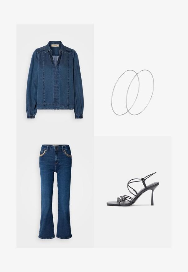 Dunkelblaue Jeansjacke mit V-Ausschnitt, gerafften Ärmeln und strukturierten Nähdetails. Entworfen mit einer relaxten Passform und strukturierten Schultern.; Dunkelblaue ausgestellte Jeans mit einer glatten Denim-Oberfläche, kontrastierender goldener Naht und Akzenten an den Fronttaschen. Klassisches Fünf-Taschen-Design.; Schwarze, hochhackige Sandalen mit dünnen Riemen und einem geknoteten Design, einer glatten, rechteckigen Zehenpartie und einem eleganten Stiletto-Absatz.; Silberne Creolen mit minimalistischem Design. Rundform, glatte Oberfläche und dünnes Profil. Leichtgewichtig mit hochglänzender Oberfläche.