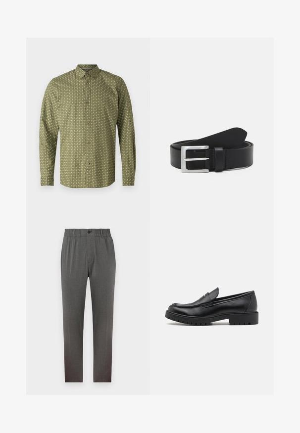 Camisa larga de manga verde con cuello tipo polo, que presenta un patrón de signos más en blanco y botones marrones en la parte delantera. Textura suave.; Pantalones grises con un diseño a medida, que cuentan con una cinturilla elástica, cierre de botón y piernas rectas; hechos de una tela suave y texturizada.; Mocasines de cuero negro con punta redondeada, diseño sin cordones y suela de goma gruesa con agarre texturizado. Tacón elevado y detalles de costura sutiles.; Cinturón de cuero negro con una textura lisa, hebilla rectangular de plata y un lazo para el extremo. Presenta una costura ordenada a lo largo de los bordes.