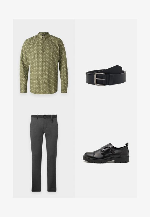 Chemise verte à manches longues avec un col, ornée d'un motif de signes plus blancs et de boutons marron sur le devant. Texture lisse.; Pantalons gris foncé en tissu texturé, dotés d'une ceinture noire, de passants de ceinture et de deux poches latérales. Design à jambe droite, sans motifs visibles.; Pier One by Zalando Mocassins de ville - black; Ceinture en cuir noir avec une boucle en métal argenté, présentant une finition lisse et un design classique. La ceinture est enroulée avec l'extrémité pointée.