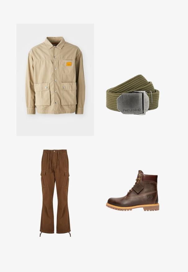 Replay Inc. SHIRT - Skjorter - khaki; Brune cargobukser med elastik i taljen, snoredetaljer, to sidelommer og bredere ben med justerbare kantbånd.; Brun læder ankelstøvle med rund tå, solid sål, hardware i guldtone og en tekstureret overdel. Inkluderer et logo-tagfæstet.; Olivengrønt vævet stofbælte med en stor rektangulær børstet metal spænde indgraveret med "PME LEGEND."