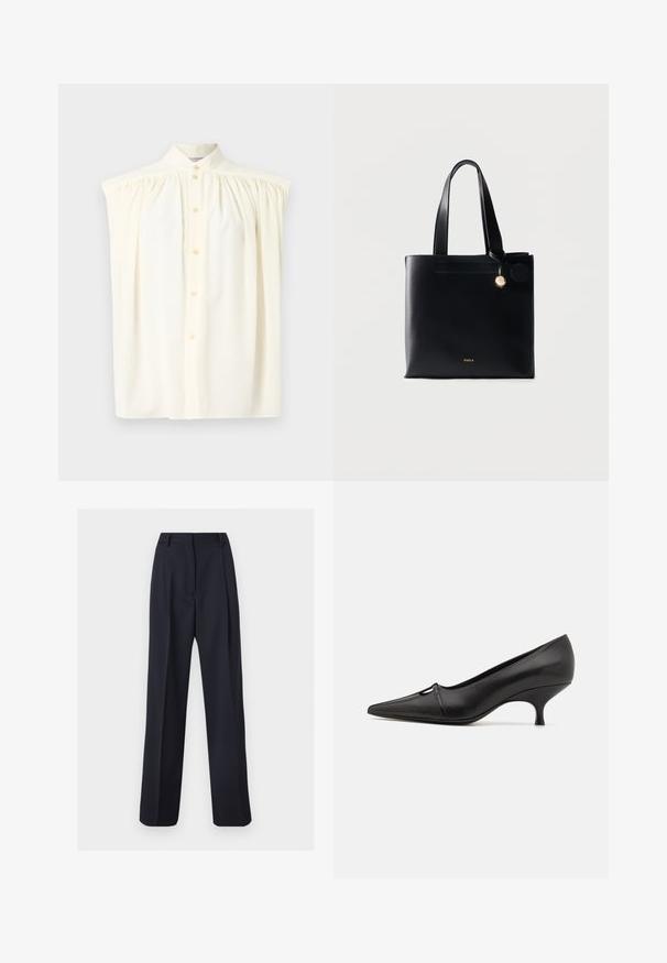 Blouse sans manches de couleur crème avec un col haut, une fermeture à boutons et des détails froncés sur les épaules. Texture du tissu lisse.; Pantalon droit sur mesure bleu marine avec passants de ceinture et plis avant, présenté sur un fond blanc.; GIABORGHINI DANA - Escarpins - black; Sac cabas en cuir noir avec doubles anses, petit emblème doré et logo Furla en lettres dorées au centre avant.