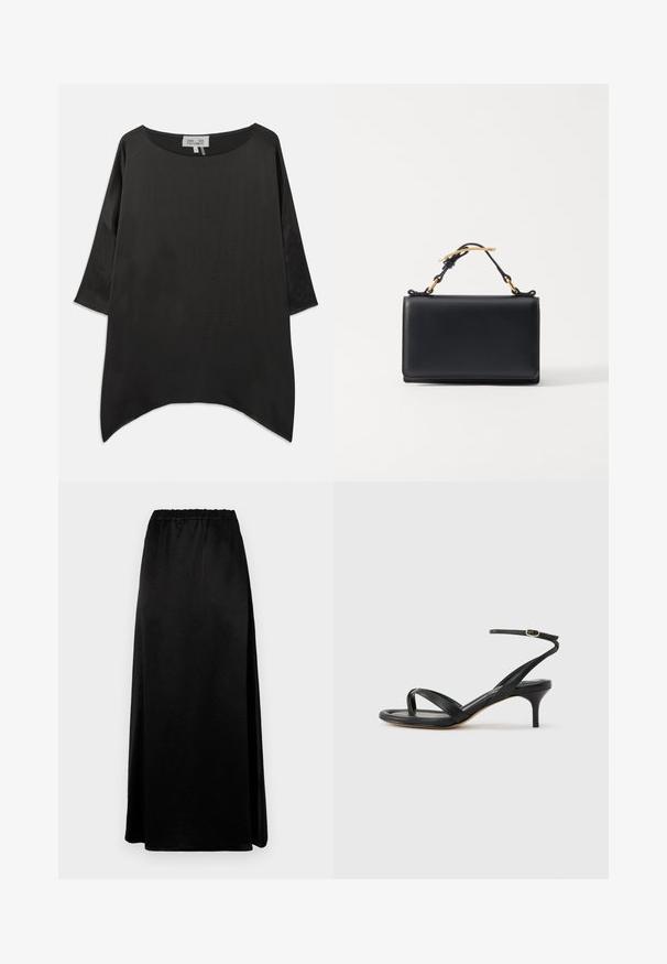 Loszittende zwarte satijnen blouse met een brede ronde hals en driekwart mouwen tegen een effen achtergrond.; Lange zwarte rok met een gladde, gekreukte textuur en een elastische tailleband. Voorzien van een zijsplit voor gemakkelijke beweging en een slanke silhouette.; Zwarte leren dames sandaal met dunne bandjes, een teengreep, een enkelgesp en een stilettohak van gemiddelde hoogte op een neutrale achtergrond.; Zwarte leren handtas met een rechthoekige vorm, voorzien van een bovenhandvat en gouden hardware accenten. Glad oppervlak, minimalistisch ontwerp.