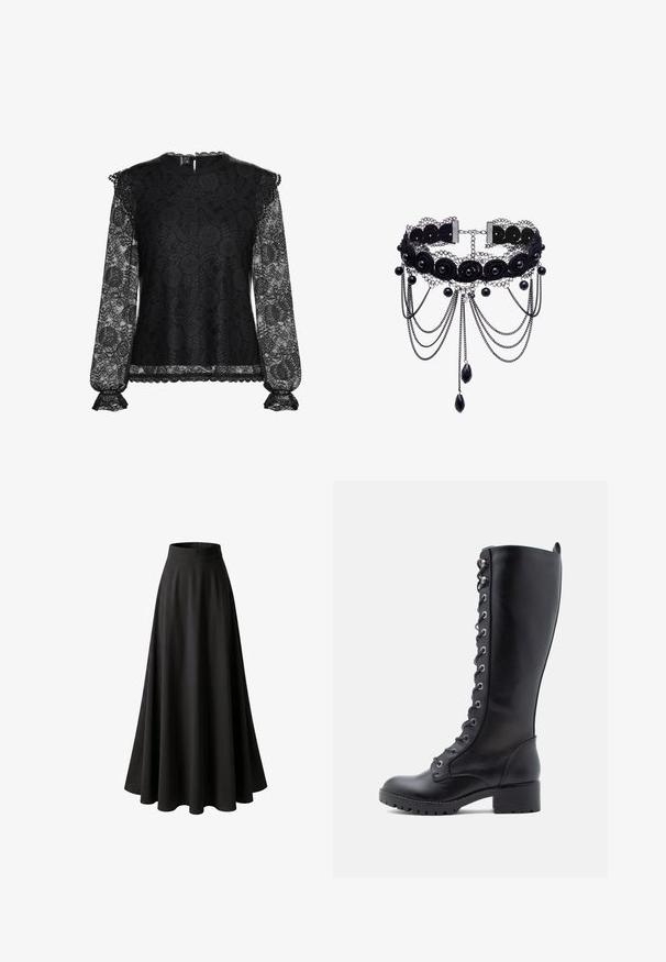 Zwarte kanten blouse met lange mouwen, een bloemmotief, geschulpte randen aan manchetten en zoom, en een klein keyhole-sluiting aan de achterkant.; Lange zwarte rok met hoge taille en brede uitlopende zoom van gladde stof, weergegeven op een witte achtergrond.; Zwarte leren kniehoge laarzen met een ronde neus, vetersluiting aan de voorkant, metalen oogjes en een chunky hak. Geïntroduceerde structuur met een soepele uitstraling.; Zwarte kanten choker met stoffen rozen, ronde kralen en hangende kettingen die eindigen in druppelvormige zwarte kralen.