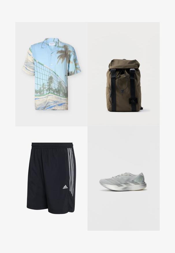 Kurzärmeliges Hemd mit Knopfleiste und einem Aufdruck von Beachvolleyballnetz, Palmen und sandigem Strand in hellblauen und beigen Tönen.; Schwarze Sportshorts mit elastischem Bund, ausgestattet mit drei weißen vertikalen Streifen an den Seiten und einem Adidas-Logo am unteren Saum.; Leichtgewichtiger grauer Sportschuh mit einem eleganten Design, der eine strukturierte Oberseite, drei diagonale Streifen und eine reflektierende silberne Sohle aufweist.; Olivgrüner Rucksack mit schwarzen Trägern, einem Kordelzugverschluss und einem kleinen schwarzen quadratischen Aufnäher mit "cK"-Logo auf der unteren Vorderseite.