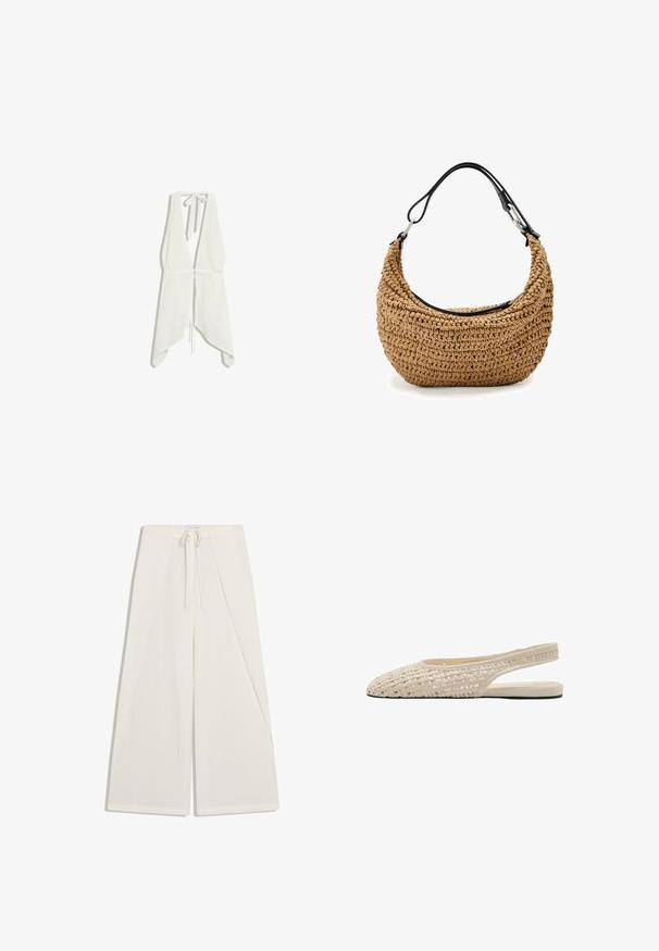 Haut blanc sans manches à col licou avec décolleté en V profond, fermeture par nouage au niveau du cou, taille cintrée et ourlet asymétrique en forme de mouchoir.; Pantalon blanc à jambes larges avec un rabat asymétrique à l'avant et une taille à cordon.; Chaussure slingback plate beige avec dessus tissé et bout pointu, dotée d'un talon ouvert et d'une semelle fine.; Sac à main en paille tissée beige à silhouette courbée, doté d'une bandoulière en cuir noir et d'accents métalliques argentés. Finition texturée.