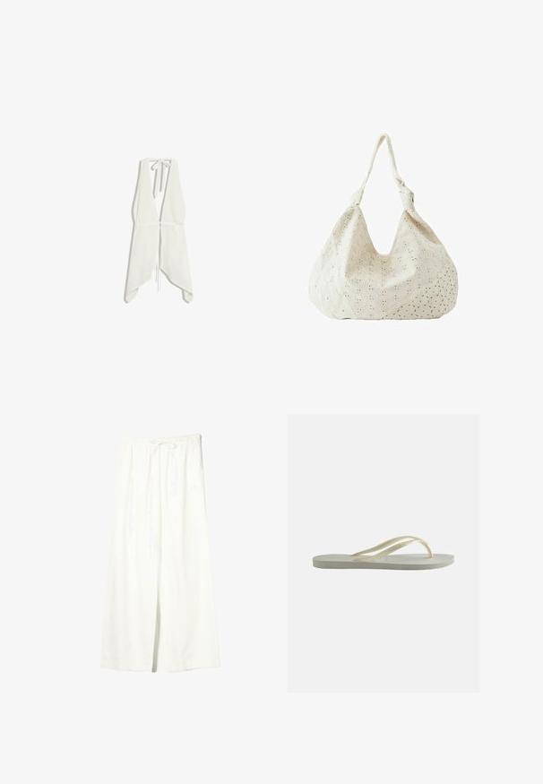 Witte mouwloze haltertop met diepe V-hals, striksluiting bij de nek, getailleerde taille en asymmetrische zakdoekzoom.; Witte linnen broek met brede pijpen, elastische tailleband en trekkoord, voorzien van zijzakken en een voorste split.; Enkele ecru rubberen teenslipper met dunne bandjes en een gestructureerd voetbed, zijaanzicht op een effen achtergrond.; Crèmekleurige stoffen schoudertas met oogjesbloemenborduursel en een enkele zachte band.