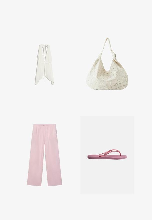 Haut blanc sans manches à col licou avec décolleté en V profond, fermeture par nouage au niveau du cou, taille cintrée et ourlet asymétrique en forme de mouchoir.; Pantalon à jambes larges rose clair avec taille élastique et cordon de serrage à l'avant, fabriqué dans un tissu doux et fluide.; Tongs en caoutchouc rose unique avec semelle texturée et brides en forme de Y sur un fond gris clair uni.; Sac à épaule en tissu couleur crème avec broderie florale à œillets et une seule bandoulière souple.
