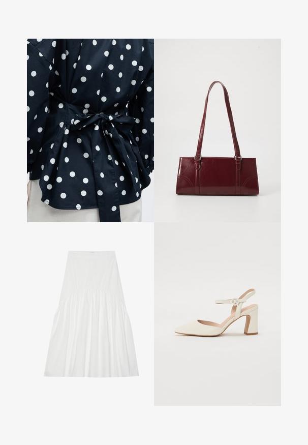 Gros plan d'un vêtement noir à pois blancs noué à la taille avec un nœud, montrant une partie des manches et de l'ourlet inférieur.; Jupe blanche, arrivant au genou, en coton. Présente des détails froncés à la taille, une texture lisse et une silhouette A-line simple et classique.; Escarpin à bout pointu, de couleur crème, avec un talon carré. Il est doté d'une fine lanière de cheville avec une boucle ronde et d'une texture en cuir lisse.; Sac à main bordeaux en matériau brillant, de forme rectangulaire, avec deux anses et des accents légèrement courbés à l'avant.