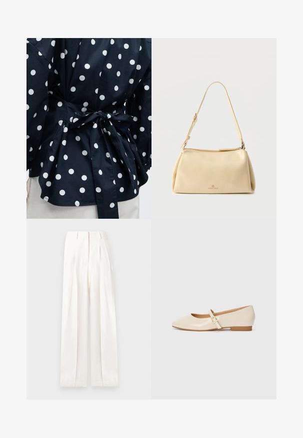 Close-up van een zwart kledingstuk met witte polkadots, vastgebonden in de taille met een strik, waarbij een deel van de mouwen en de onderzoom zichtbaar is.; Witte wijde broek met hoge taille, plooien, riemlussen, steekzakken aan de voorkant en een verborgen sluiting aan de voorkant.; Beige laarzen in patentrein met een vierkante neus, een kleine hak en een verstelbare enkelband met een gouden gespaccent.; Beige rechthoekige schoudertas met verstelbare riem en ritssluiting, met een klein "Anna Field" logo middenvoor.