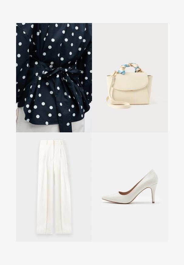 Primer plano de una prenda negra con lunares blancos atada en la cintura con un lazo, mostrando parte de las mangas y el dobladillo inferior.; Pantalones blancos de talle alto y pierna ancha con pliegues, trabillas, bolsillos delanteros y cierre delantero oculto.; Zapato de tacón alto de charol blanco con punta afilada y superficie lisa, que presenta un tacón esbelto y un corte bajo alrededor de la abertura.; Bolso de mano color crema con cierre de solapa, correa de hombro desmontable y tela floral azul y crema retorcida envolviendo el asa superior.