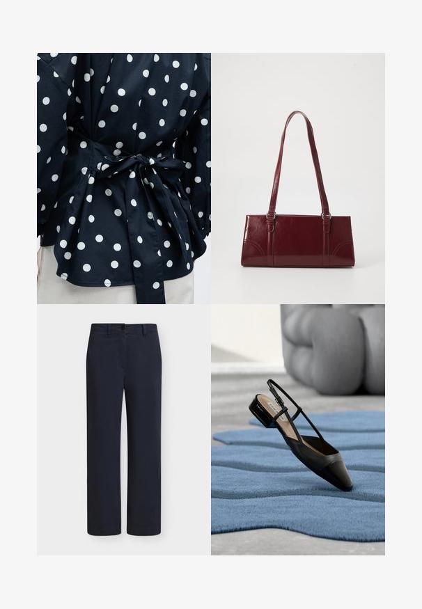 Nahaufnahme eines schwarzen Kleidungsstücks mit weißen Polka-Dots, das an der Taille mit einer Schleife gebunden ist, wobei Teile der Ärmel und des unteren Saums sichtbar sind.; Dunkelblaue gerade geschnittene Hose mit Gürtelschlaufen, Knopfverschluss und Vordertaschen, dargestellt vor einem weißen Hintergrund.; Schwarzer Slingback-Schuh aus Lackleder mit niedrigem Blockabsatz, der auf einem strukturierten blauen wellenförmigen Teppich und grauen gepolsterten Möbeln ruht.; Burgunderfarbene Handtasche aus glänzendem Material, rechteckige Form, mit zwei Schulterriemen und subtilen, geschwungenen Akzenten an der Vorderseite.