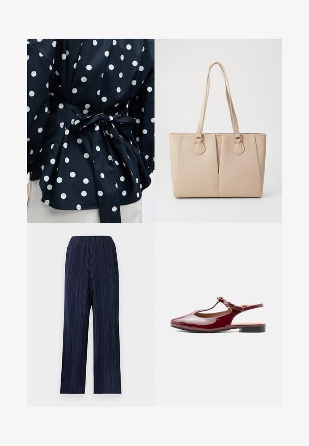 Gros plan d'un vêtement noir à pois blancs noué à la taille avec un nœud, montrant une partie des manches et de l'ourlet inférieur.; Pantalon large taille haute bleu marine avec de fines plis verticaux et une ceinture élastique sur un fond clair.; Chaussure slingback bordeaux brillante à talon bas, bride en T avec bout pointu et boucle ajustable sur fond blanc uni.; Sac fourre-tout beige en faux cuir texturé, doté de poignées doubles et d'accents en métal doré. Le design présente un détail avant fendu.