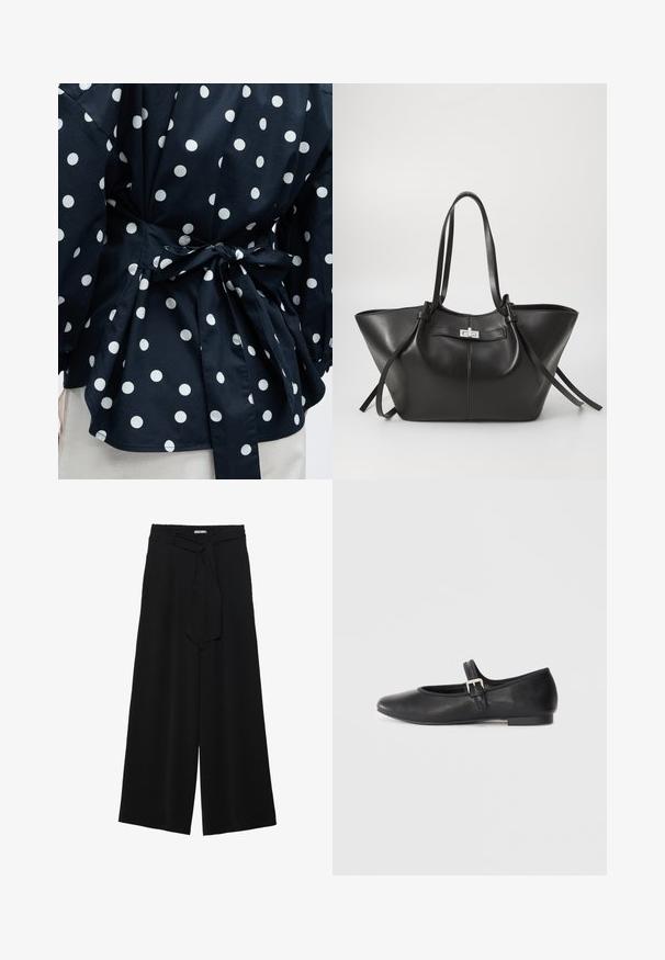 Gros plan d'un vêtement noir à pois blancs noué à la taille avec un nœud, montrant une partie des manches et de l'ourlet inférieur.; Pantalons larges noirs en tissu texturé, avec une taille élastique et une ceinture à nouer amovible à la taille pour un ajustement variable.; Chaussure plate en cuir noir de type Mary Jane avec un bout arrondi, une sangle réglable et un petit détail de boucle en argent, dotée d'un petit talon et d'une finition lisse.; Sac fourre-tout en cuir noir avec une forme triangulaire large. Il est doté d'un fermoir métallique élégant, de longues anses et d'une texture lisse.