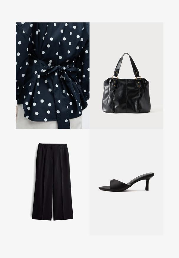 Close-up van een zwart kledingstuk met witte polkadots, vastgebonden in de taille met een strik, waarbij een deel van de mouwen en de onderzoom zichtbaar is.; Zwarte wijde broek met een zachte textuur, voorzien van voorkruiken en een strak, op maat gemaakt ontwerp. Geen zichtbare sluitingen of patronen.; Zwarte mule met open teen, met een smalle hak van gemiddelde hoogte en een brede band aan de voorkant, zijaanzicht op een effen achtergrond.; Zwarte leren schoudertas met dubbele bandjes bevestigd met gouden ringen en klinknagels, glad en licht glanzend oppervlak, eenvoudig ontwerp.
