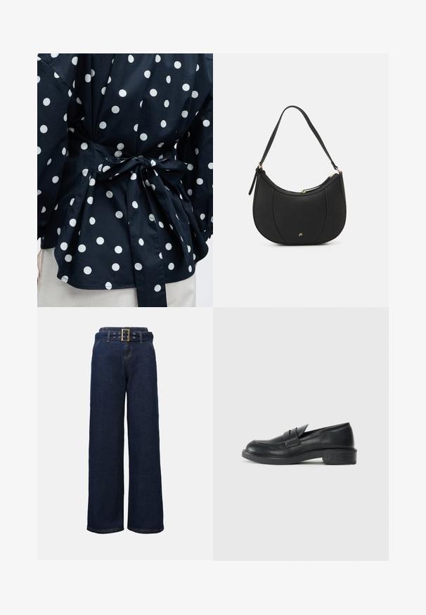 Close-up van een zwart kledingstuk met witte polkadots, vastgebonden in de taille met een strik, waarbij een deel van de mouwen en de onderzoom zichtbaar is.; Donkerblauwe wijde denim broek met gestikte zakken en een bijpassende riem met een grote rechthoekige gouden gesp.; Zwarte leren instappers met een ronde punt, gestikte details en een kleine hak. Soepele textuur en een flexibele rubberen zool.; Zwarte leren handtas met een gebogen vorm, textuuroppervlak, voornaden en een logo in goudkleur. Beschikt over een enkele verstelbare schouderband.