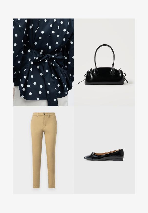 Close-up af et sort stykke tøj med hvide polkaprikker bundet i taljen med en sløjfe, der viser dele af ærmerne og den nederste kant.; Khaki chinos lavet af en blanding af bomuldsstof, med slim fit, bæltestropper, frontlommer og en enkelt knaplukning.; Sorte patenterede læderballetsko med spidse tæer, lille sløjfedetail foran og en lav, firkantet hæl. Glat, skinnende tekstur.; Lille sort blank håndtaske med to lange håndtag og snøre-detaljer i siden på en ensfarvet lys baggrund.