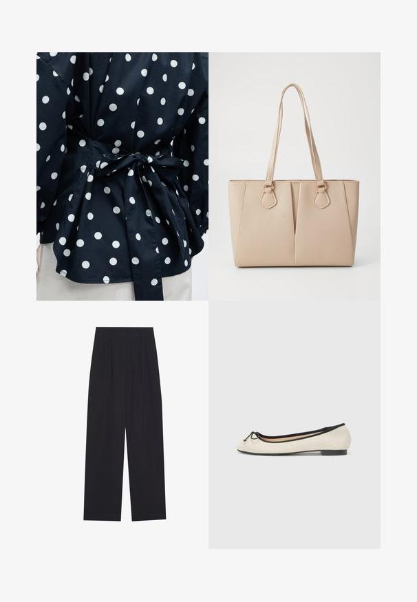 Primer plano de una prenda negra con lunares blancos atada en la cintura con un lazo, mostrando parte de las mangas y el dobladillo inferior.; Pantalones anchos negros de tela suave, con pliegues, cinturilla plana y sin bolsillos ni adornos visibles.; Bailarinas en un tejido beige con un ribete negro. Presentan una punta redondeada y un pequeño lazo en la parte delantera. Suela de bajo perfil.; Bolso tote beige hecho de cuero sintético texturizado, con asas dobles y adornos en dorado. El diseño incluye un detalle frontal dividido.