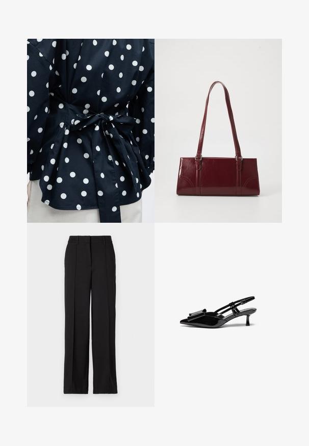 Primer plano de una prenda negra con lunares blancos atada en la cintura con un lazo, mostrando parte de las mangas y el dobladillo inferior.; Pantalones negros con un diseño de pierna recta, con dos pliegues en la parte frontal, una cinturilla y sin bolsillos visibles ni adornos.; Zapatos de tacón slingback de charol negro con punta afilada, detalle de lazo en el frente y un pequeño tacón de aguja. Las correas tienen hebillas ajustables.; Bolso burdeos hecho de material brillante, de forma rectangular, con dos asas para el hombro y sutiles acentos curvados en la parte frontal.