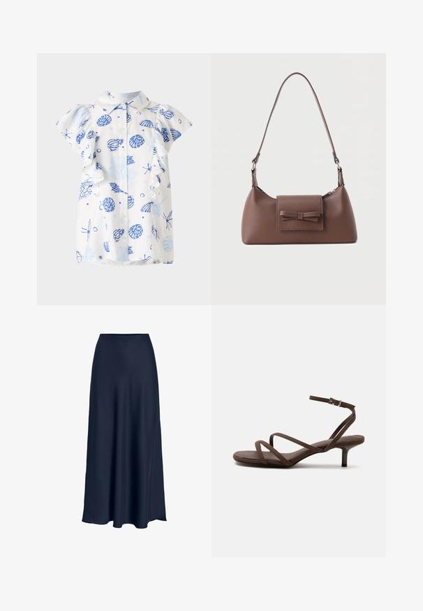 Witte korte mouwen blouse met een blauw schelp patroon, knoopsluiting aan de voorkant en ruches aan de mouwen. Gemaakt van lichtgewicht katoen.; Navyblauwe satijnen maxirok met een gladde textuur, hoge taille en vloeiende silhouet. Eindigt met een lichte curve aan de zoom.; Bruine sandaal met hoge hak, dunne gekruiste bandjes en een enkelbandje met een zilveren gesp op een witte achtergrond.; Bruine leren schoudertas met een voorvak met klep en een gestikte strikdetail en een verstelbare band.