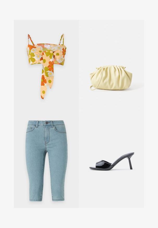 Kvetinový crop top s nastaviteľnými ramienkami, s oranžovými, zelenými a krémovými sedmokráskami na broskyňovom pozadí, s viazacím detailom vpredu.; Svetlomodré denimové capri nohavice s priliehavým strihom, stredne vysokým pásom, štýlom s piatimi vreckami a jemným prešitím pozdĺž švov.; Čierne lakované kožené sandále na podpätku s otvorenou špičkou, s výrazným zakriveným horným dizajnom a štíhlym ihlovým podpätkom. Hladký lesklý povrch.; Žltá skladaná kabelka vyrobená z hladkej eko kože, s jemným tvarom, jedným ramenným popruhom a zhrnutým vrchom.