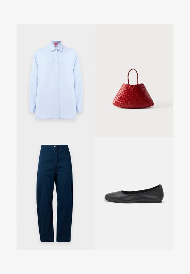 Camisa de botones azul claro con mangas largas, cuello y botones blancos. Hecha de tela suave, con un corte holgado y sin estampados.; Pantalones azul marino con un diseño de pierna recta, que presentan un cierre frontal con botón, dos bolsillos laterales y un acabado de tela suave y texturizada.; Bailarina de piel negra con punta redondeada, textura suave, detalle de costura minimalista y diseño de suela flexible.; Bolso de mano de cuero tejido en rojo con forma triangular redondeada y dos asas trenzadas sobre fondo blanco.