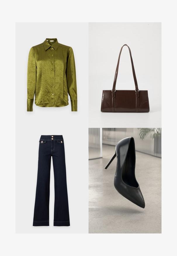 Blusa verde oliva de manga larga, con botones y cuello puntiagudo, fabricada en una tela ligeramente brillante y texturizada, sobre un fondo liso.; Vaqueros azul oscuro de tiro alto y pernera ancha con dos bolsillos delanteros con solapa y dos botones visibles de oro rosa en la cintura.; Zapato de tacón alto de cuero negro con punta afilada, diseño elegante y sin herrajes visibles. Textura suave y estilo minimalista.; Bolso de mano de piel sintética marrón con forma rectangular, dos asas largas y sutiles acentos curvados en la parte delantera.