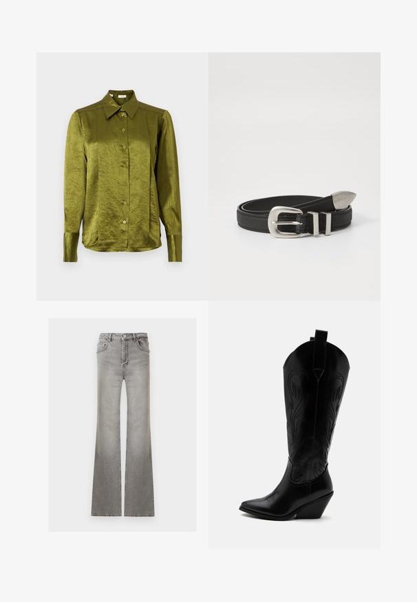 Chemisier vert olive à manches longues, avec col pointu et tissu texturé légèrement brillant, sur fond uni.; Jean en denim gris taille haute avec fermeture par bouton et zip, poches avant et arrière, et jambes légèrement évasées.; Botte de cowboy en cuir noir avec bout pointu, talon bloc incliné, couture décorative et languettes en haut sur fond blanc.; Ceinture en cuir noir avec une boucle en métal argenté et des accents à double boucle, présentant une finition texturée et une extrémité effilée pour un ajustement sécuritaire.
