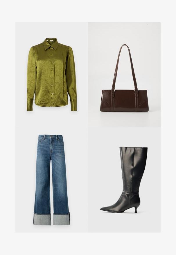 Olivgrüne, langärmlige Bluse mit Knopfleiste, spitzen Kragen und leicht glänzendem, strukturiertem Stoff auf unifarbenem Hintergrund.; Lee STELLA - Wide Leg - richter; Schwarzer kniehoher Lederstiefel mit spitzer Zehenpartie und niedrigem Kittenabsatz, präsentiert vor einem schlichten hellen Hintergrund.; Braune Lackleder-Handtasche in rechteckiger Form, mit zwei langen Griffen und subtilen, geschwungenen Akzenten auf der Vorderseite.