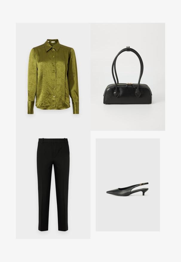 Olivgrüne, langärmlige Bluse mit Knopfleiste, spitzen Kragen und leicht glänzendem, strukturiertem Stoff auf unifarbenem Hintergrund.; Schwarze Hose in Slim-Fit, mit flacher Vorderseite, seitlichen Taschen und glatter Textur. Entworfen mit einer mittelhohen Taille und zulaufenden Beinen.; Schwarzer Slingback-Schuh mit spitzem Zehenbereich aus glattem Leder. Mit einem dünnen Absatz und einer dekorativen Schnalle am verstellbaren Riemen.; Schwarze Lederhandtasche mit zwei verlängerten Griffen, Reißverschluss und runder Form; glatte Textur mit subtiler glänzender Oberfläche.