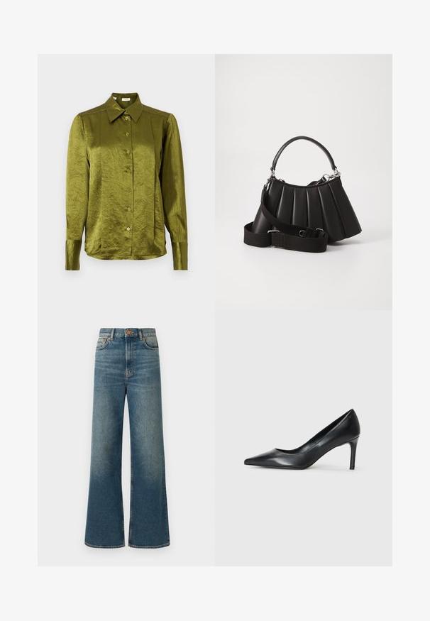 Olivengrøn, langærmet, knappet bluse med spids krave og let skinnende, tekstureret stof på en ensfarvet baggrund.; Bredde ben jeans i medium blå denim, med høj talje, fem-lomme design og en subtil falmet finish. Kobberknap og syninger som detaljer.; Sorte læder spidse pumps med en slank hæl, glat tekstur og ingen synlige udsmykninger. Rent design med en minimalistisk æstetik.; Sort plisseret handbag med et rundet håndtag, justerbar rem og blank overflade. Har sølvfarvet hardware og en struktureret silhuet.