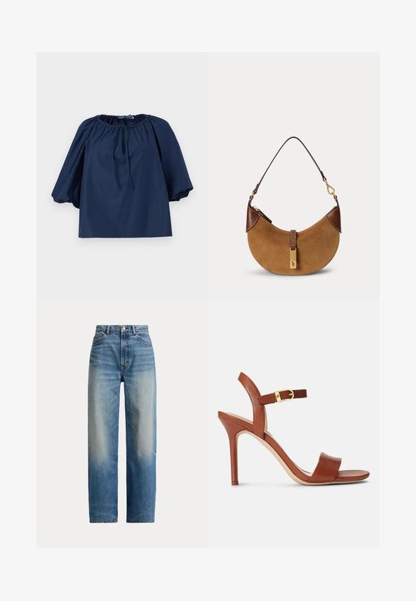 Marineblå bluse med elastisk, rynket halsudskæring, bindedetalje foran, puffede ærmer til albuen og lige kant.; Blå jeans med høj talje og lige ben, der er falmet foran og har klassisk fem-lomme design, knaplukning og lynlås.; Brune læder højhælede sandal med et elegant design, justerbar ankelrem og subtil guldspænde accenter. Åben tå og glat tekstur.; Brun ruskind halv-måne taske med mørkebrune læderdetaljer, guldfarvet hardware og kort skulderrem.