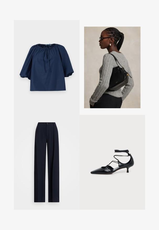 Marineblauwe blouse met elastische halslijn, koorddetail aan de voorkant, pofmouwen tot de elleboog en rechte zoom.; Marine brede broek met plooien, een knoopsluiting en een gladde stofstructuur. Ontworpen voor een losse, comfortabele pasvorm.; Zwart, puntige kitten heel-schoen met enkelbandjes en cut-out details aan de zijkanten, getoond op een effen lichte achtergrond.; Vrouw met gevlochten haar en bril, die een grijze kabeltrui draagt en een zwarte leren schoudertas met gouden details draagt.