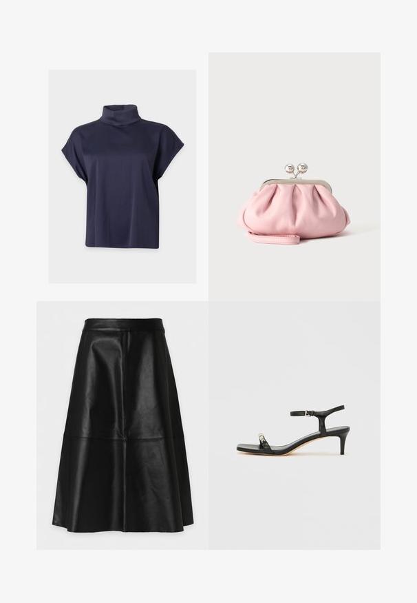 Haut bleu marine à manches courtes avec un col montant et une fermeture à bouton dans le dos.; Jupe en cuir noire longueur genou coupe trapèze avec panneaux cousus et taille cintrée, présentée sur fond blanc.; Sandale noire en cuir à talon avec bride à la cheville, bout ouvert, devant carré et accent en métal argenté. Design ajusté avec un profil élégant.; Petit sac pochette doux rose avec cadre métallique argenté et fermoir rond, reposant sur une surface plate et claire avec une bride de poignet repliée devant.