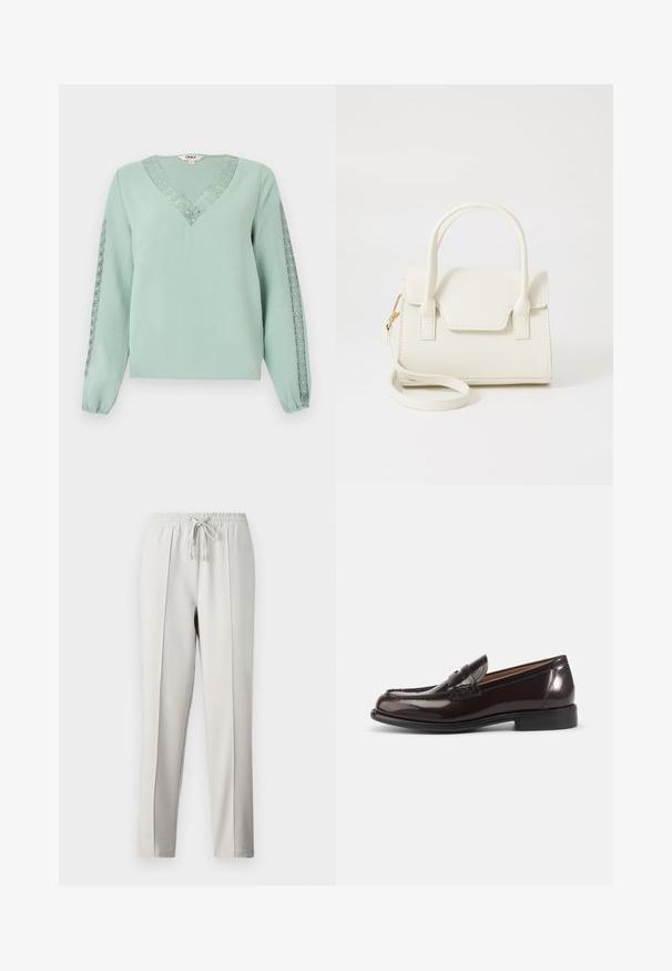 Blouse vert clair à manches longues avec col en V et détails en dentelle le long du col et des deux manches.; Pantalons de jogging gris clair avec une taille élastique, un cordon de serrage et des coutures latérales. Confectionnés en tissu lisse pour un ajustement décontracté.; Mocassin penny pour homme en cuir brun foncé poli avec talon bas et détails cousus sur fond blanc.; Petit sac à main blanc avec doubles poignées, rabat avant et bandoulière amovible avec boucle dorée sur fond blanc uni.
