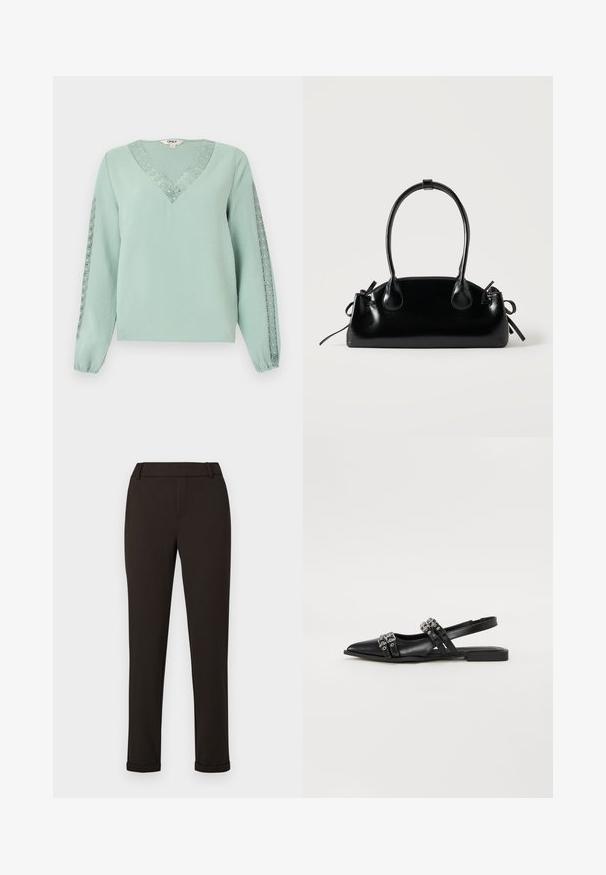 Blouse vert clair à manches longues avec col en V et détails en dentelle le long du col et des deux manches.; Pantalon slim noir avec passants de ceinture et poignets sur fond blanc uni.; Even&Odd by Zalando Ballerines à brides arrière - black; Petit sac à main noir brillant avec deux longues anses et des détails à cordon sur les côtés sur un fond clair uni.