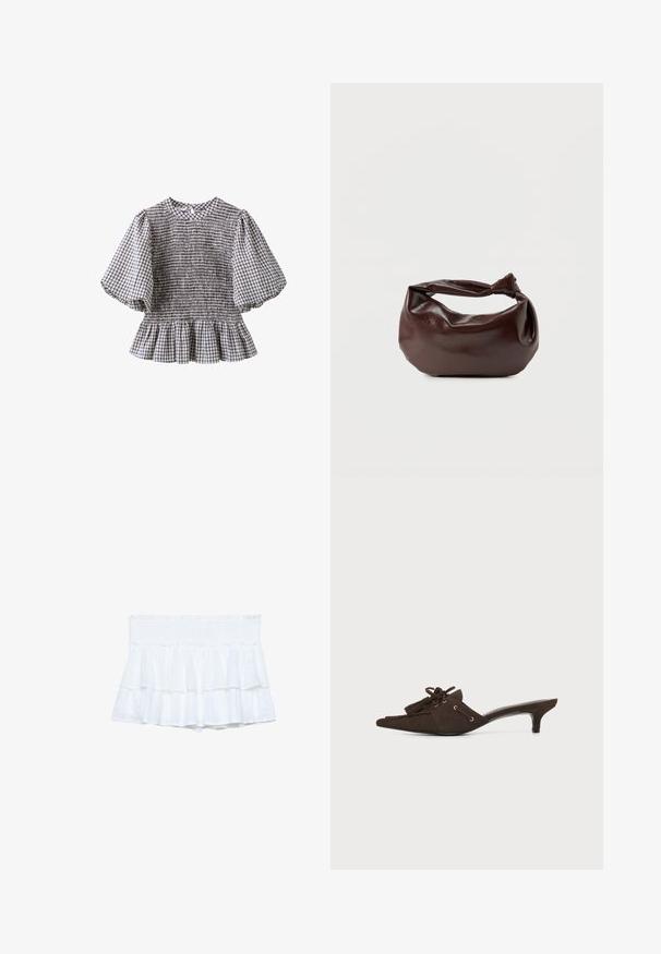 Blouse femme à manches courtes avec motif à carreaux noir et blanc, devant smocké, manches bouffantes et ourlet volanté.; Shorts blancs à volants avec une taille smockée, dotés de tissu superposé et de détails texturés subtils. Design léger et décontracté.; Mule pointue en daim brun foncé avec un petit talon kitten, pampilles décoratives et détail en dentelle sur fond blanc.; Sac bandoulière en cuir marron foncé avec une forme souple et décontractée et une anse nouée torsadée sur un fond blanc uni.