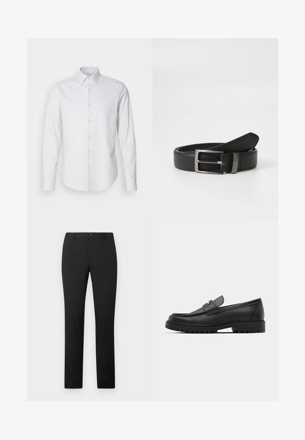 Camisa blanca de manga larga con cuello puntiagudo, cierre frontal con botones, fabricada en un tejido suave. Presenta una sutil textura a rayas.; Pantalones negros a medida con diseño de pierna recta, con cierre de botón y trabillas para cinturón. Hechos de tela suave sin patrones visibles.; Mocasines de cuero negro con punta redonda, que cuentan con un diseño cosido, suela de plataforma baja y una suela de goma texturada y con tacos.; Cinturón de cuero negro con hebilla de metal plateada, que presenta un acabado suave y un diseño clásico. El cinturón está neatly doblado.