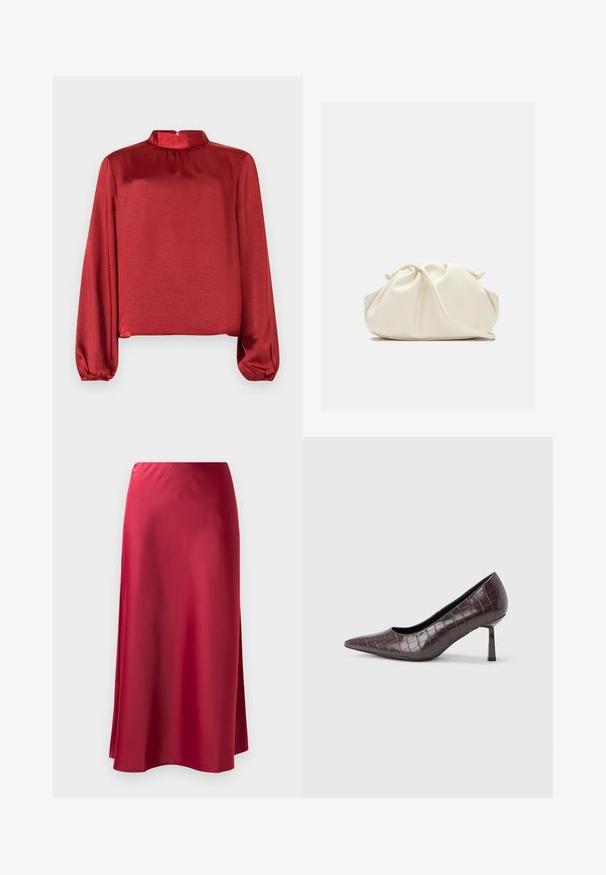 Rode satijnen blouse met lange mouwen, een hoge kraag en geplooide details. De stof heeft een gladde textuur en een licht glanzende afwerking.; Rode satijnen lange rok met een zachte textuur, lichtlopende vorm en een zijsplit voor bewegingsgemak. Geen zichtbare hardware of versieringen.; Bruine nepleren pumps met een puntige neus en krokodillenstructuur, voorzien van een slanke, hoekige hak en een gladde binnenvoering.; Zachte, crèmekleurige leren clutch met geplooid, gerimpeld ontwerp en een dunne schouderriem die vooraan op een effen achtergrond ligt.