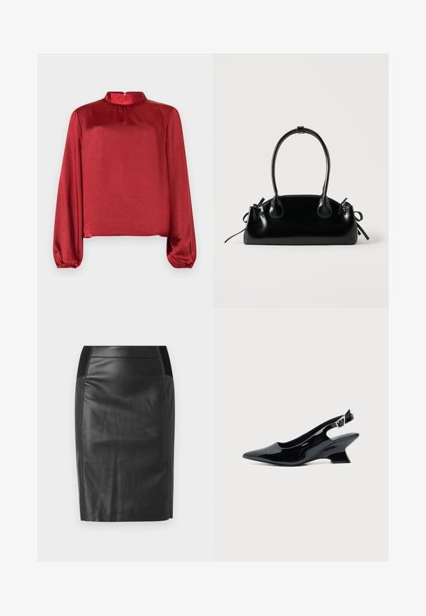 Blusa larga de satén rojo con mangas largas, cuello alto y detalles fruncidos. La tela tiene una textura suave y un acabado ligeramente brillante.; falda lápiz de cuero negro con un diseño ajustado, textura suave y acentos de cintura elástica a ambos lados. Dobladillo recto en la parte inferior.; Zapato slingback de cuero charol negro con puntera puntiaguda y tacón bajo en bloque inclinado sobre fondo claro liso.; Pequeño bolso negro brillante con dos asas largas y detalles de cordón lateral sobre un fondo claro liso.