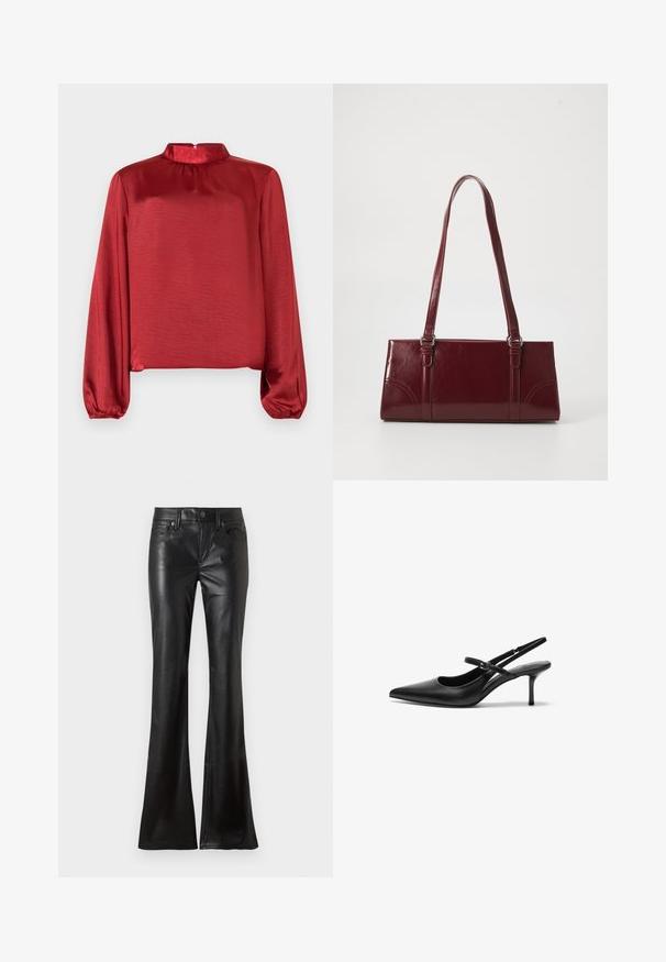 Rød satin bluse med lange ærmer, høj halskrave og rynkedetaljer. Stoffet har en glat tekstur og en let blank overflade.; Sorte bukser i imiteret læder med fem-lomme-stil og vidde ben, med frontknap og lynlås.; Sorte læder slingback hæle med spids tå, slank justerbar rem og en stiletto hæl på cirka 5 cm, glat tekstur.; Bordeaux håndtaske lavet af glansfuldt materiale, rektangulær form, med to skulderremme og subtile buede detaljer på forsiden.