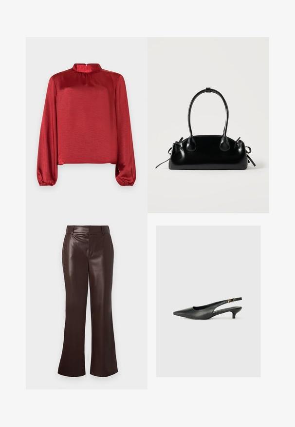 Blouse rouge en satin à manches longues avec un col montant et des détails froncés. Le tissu a une texture lisse et une finition légèrement brillante.; Pantalons évasés en simili cuir marron avec une texture lisse, dotés d'une taille ceinturée et d'une fermeture éclair. Lignes épurées et silhouette élégante.; Chaussure slingback noire à bout pointu en cuir lisse. Présente un talon fin et un détail de boucle sur la sangle réglable.; Petit sac à main noir brillant avec deux longues anses et des détails à cordon sur les côtés sur un fond clair uni.