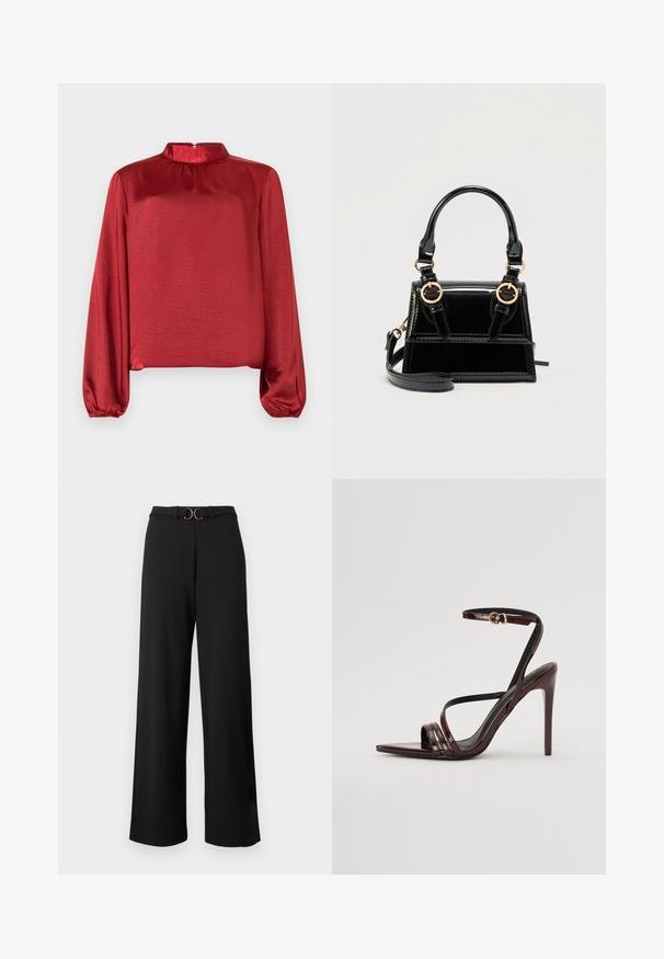 Rote Satin-Bluse mit langen Ärmeln, hohem Kragen und gerafften Details. Der Stoff hat eine glatte Textur und einen leicht glänzenden Finish.; Schwarze High-Waist-Hosen mit weitem Bein, versehen mit einem Stoffgürtel und einer goldfarbenen Metallschnalle in der Taille.; Bordeaux-farbenes Lackleder-High-Heel-Sandale mit einem Knöchelriemen, spitzem Zehenbereich und drei horizontalen Riemen über dem Fuß. Details mit goldfarbener Schnalle.; Schwarze Handtasche aus Lackleder mit goldfarbenen Beschlägen, doppelten Tragegriffen oben und verstellbarem Schulterriemen. Strukturiertes Design mit Akzentnähten.