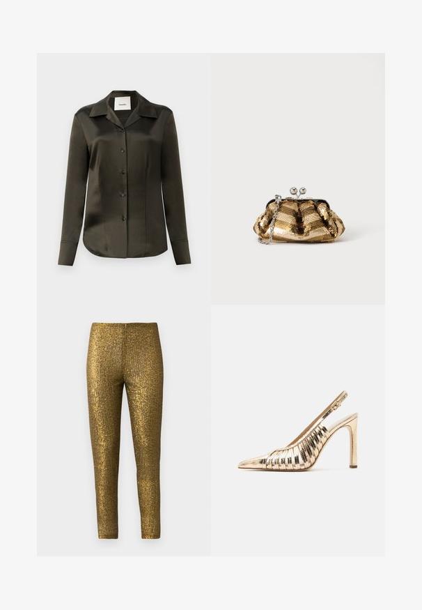 Olijfgroen satin button-up shirt met een puntige kraag, lange mouwen en zwarte knopen, met een gladde textuur en een op maat gemaakte pasvorm.; Gouden metallic legging met een getextureerd, verticaal streep patroon. De stof heeft een glanzende afwerking en een slanke, aansluitende pasvorm.; Gouden metallic hoge hak slingback schoen met puntige neus en geweven bandontwerp op een witte achtergrond.; Kleine gouden pailletten clutch met een zilveren gesp en een korte zilveren kettinghengsel op een effen lichte achtergrond.