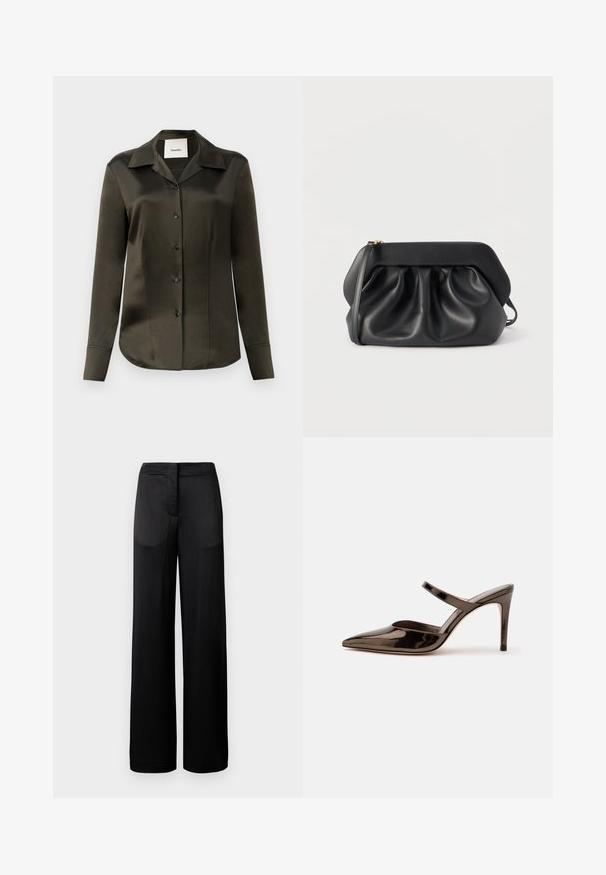 Chemise satin olive verte à boutons, avec un col pointu, des manches longues et des boutons noirs, présentant une texture lisse et une coupe ajustée.; Pantalons noirs à jambes larges avec une surface texturée, dotés d'une taille plate et de deux poches latérales. Le tissu semble léger et fluide.; Mule à talon haut marron foncé brillant à bout pointu avec une fine bride sur le coup de pied sur fond blanc uni.; Pochette en cuir noir avec une structure rigide, des détails froncés et une fine lanière de poignet sur fond blanc.