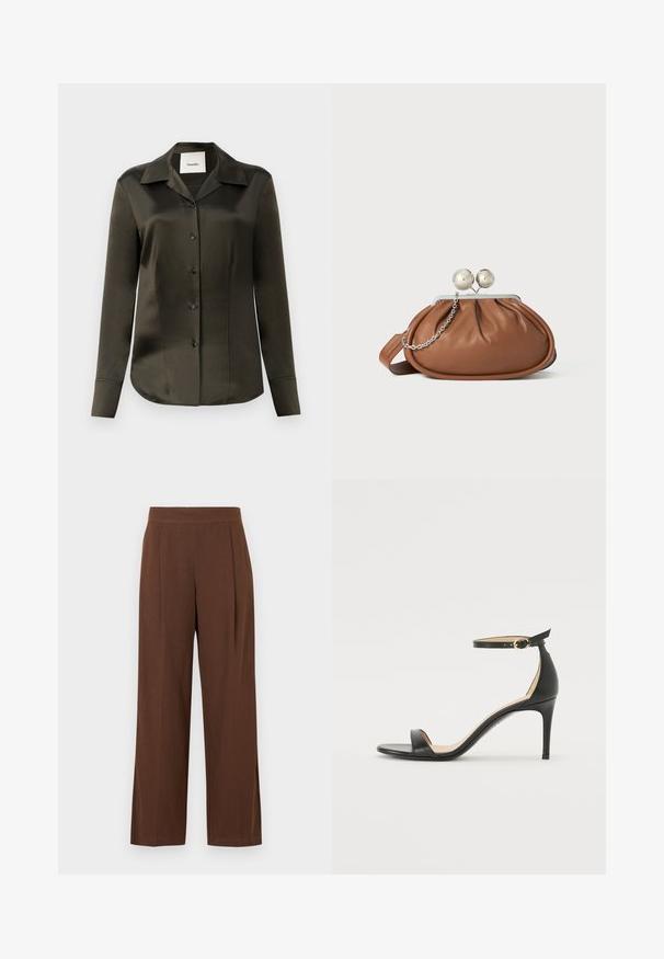 Chemise satin olive verte à boutons, avec un col pointu, des manches longues et des boutons noirs, présentant une texture lisse et une coupe ajustée.; Pantalon marron à jambes larges avec une texture lisse, présentant un devant plat et des plis. La taille est élastiquée pour le confort et l'ajustement.; Sandale à talons hauts en cuir noir avec une lanière de cheville. Présente une texture lisse, un bout ouvert et un talon fin. Détail de boucle en ton doré.; Pochette en cuir marron avec un fermoir à boule en argent et un petit détail en chaîne argentée sur fond blanc.