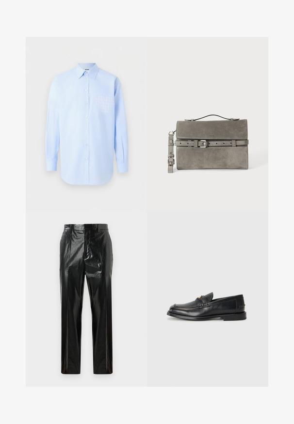 Lyseblå langærmet skjorte med knapper og spids krave samt et diskret ternet hjerte på venstre brystlomme.; Sorte højglans vinyl lige bukser med bæltestropper, skjult frontlukning og pressede folder.; Sorte læder loafers har en afrundet tå, syede detaljer og en lille gylden accent foran. Sålen er flad og diskret.; Grå ruskind rektangulær clutch taske med top håndtag, aftagelig rem og sølv spænde bælte detalje på frontklappen.